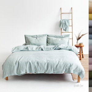 Linen duvet cover with buttons in blue lace. Washed soft linen king bedding. Natural light blue stonewashed queen, custom size linen duvet