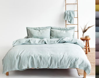 Linen duvet cover with buttons in blue lace. Washed soft linen king bedding. Natural light blue stonewashed queen, custom size linen duvet