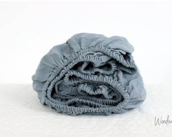 Linen fitted sheet. Dusty blue washed soft linen king bedding. Stonewashed queen linen fitted sheet. Custom size fitted sheet in gray blue