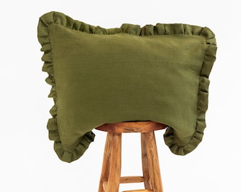 Linen pillowcase with ruffles. Washed soft ruffled linen king bedding. Olive green stonewashed farmhouse queen linen pillow cover