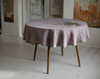 Runde Tischdecke aus Leinen. Tischdecke aus gewaschenem, weichem Leinen. Staubige lila Stonewashed-Leinen-Tischdecke in Sondergröße. Lila Esstischdecke