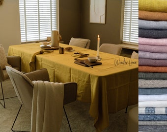 Linen tablecloth. Washed soft linen table cloth. Moss yellow stonewashed linen custom size tablecloth. Natural dinnig tablecloth