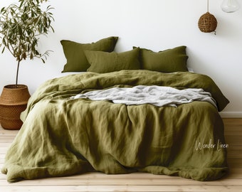 Linen duvet cover with buttons in olive green. Washed soft linen king bedding. Natural stonewashed queen, custom size linen duvet cover