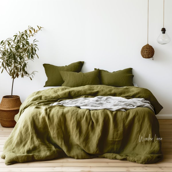 Linen duvet cover with buttons in olive green. Washed soft linen king bedding. Natural stonewashed queen, custom size linen duvet cover