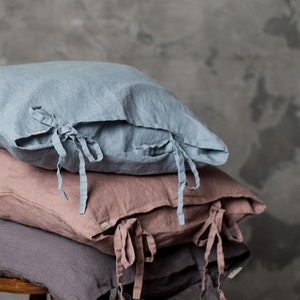 Linen pillowcase with ties. Washed soft linen king bedding. Natural stonewashed queen linen pillow cover with ribbon ties
