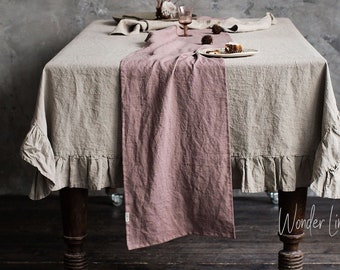 Linen table runner. Washed soft linen table runner in woodrose. Pink stonewashed linen custom size wedding runner. Natural table decor