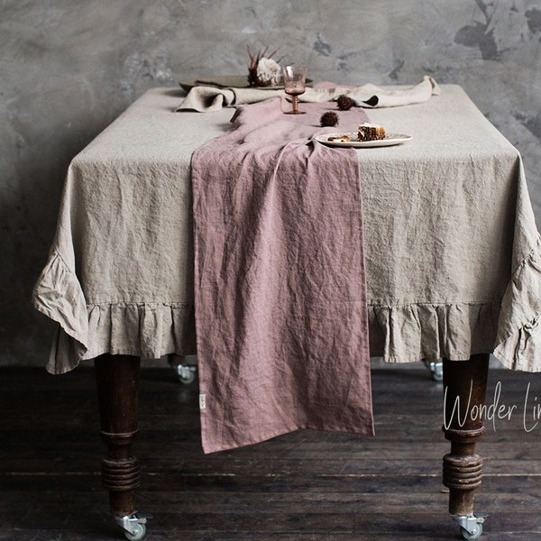 Linen table runner. Washed soft linen table runner in woodrose. Pink stonewashed linen custom size wedding runner. Natural table decor