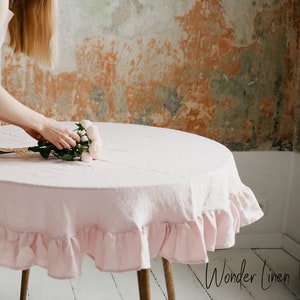 Pink round Linen ruffle tablecloth. Dusty rose washed soft table cloth. Stonewashed linen custom size tablecloth. Wedding table decor
