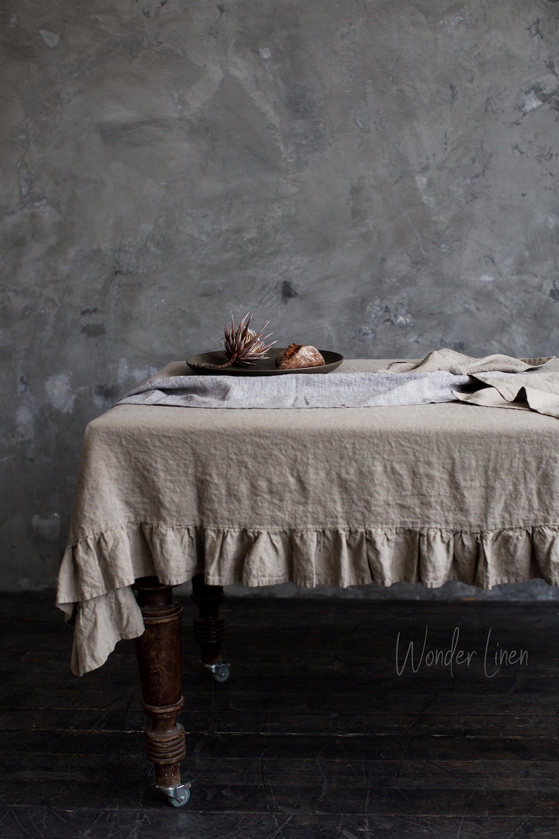 Linen ruffle tablecloth. Washed soft linen table cloth. Natural stonewashed linen custom size tablecloth with ruffles image 1