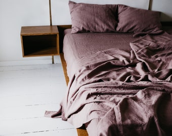 Linen sheet set. Washed soft linen twin, double, queen, king bedding in mauve. Woodrose sheet set.