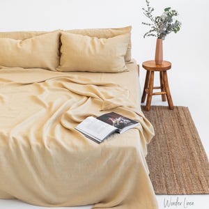 Linen sheet set. Soft double, queen, king chamomile bedding. Yellow beige sheets. Custom size