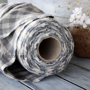 Gray check linen fabric by half yard or meter / natural washed flax / gray checks softened linen / stonewashed medium weight / soft linen