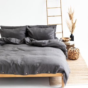 Linen duvet cover with buttons in gray. Gray washed soft linen king bedding. Natural gray stonewashed queen linen duvet cover