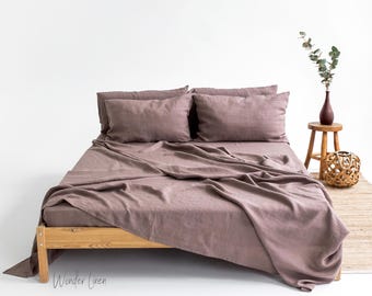 Linen sheet set. Washed soft linen twin, double, queen, king bedding in mauve. Taupe fitted sheet set.