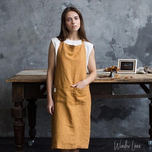 Linen apron. Natural linen full apron with pockets. Soft linen kitchen apron for women and man. Custom color image 3