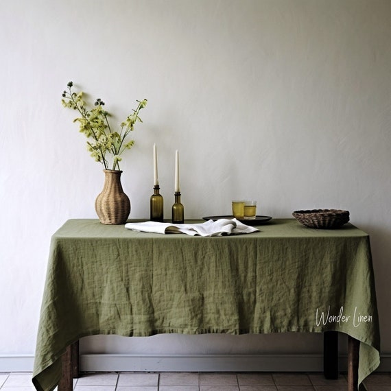 Olive Linen tablecloth. Washed soft linen table cloth. Green stonewashed linen custom size tablecloth. Natural dining tablecloth
