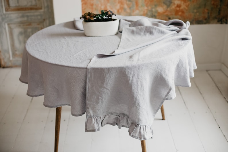 Round Linen Ruffle Tablecloth. Gray Washed Soft Table Cloth. Etsy