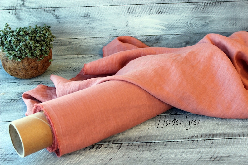 100% linen fabric / pink soft washed flax by meter or yard / salmon softened linen for sewing / rose stonewashed medium weight organic linen image 1