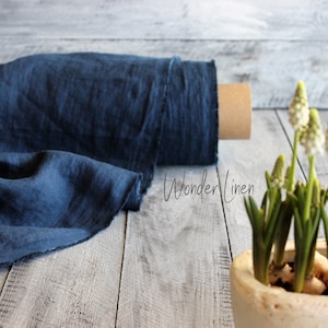Blue linen fabric / navy washed flax by half meter or yard / indigo softened medium weight linen / stonewashed soft summer linen for dress