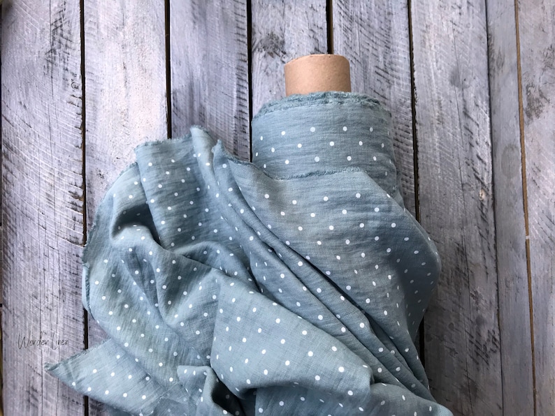Mint white dots linen fabric by half yard or meter natural washed flax softened linen for sewing stonewashed medium weight soft