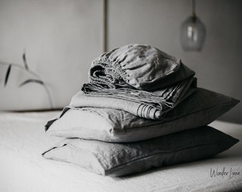 Linen sheet set. Washed soft linen twin, double, queen, king bedding in light gray. Gray linen sheet set.
