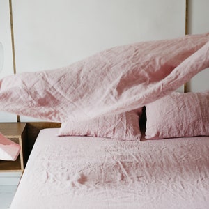 Linen sheet set. Washed soft linen twin, double, queen, king bedding in pink. Dusty rose sheet set.