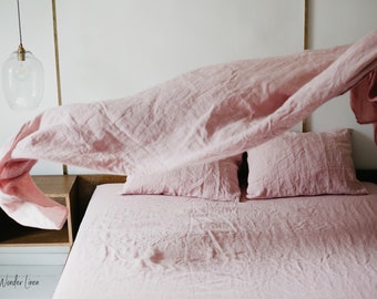 Linen sheet set. Washed soft linen twin, double, queen, king bedding in pink. Dusty rose sheet set.