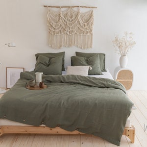Linen duvet cover with buttons in eucalyptus green. Washed soft linen king bedding. Natural stonewashed queen, custom size linen duvet cover