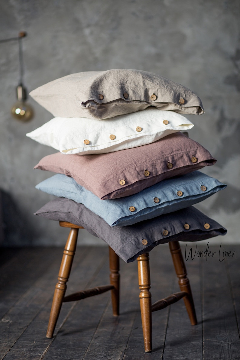 Blue Linen Pillowcase With Buttons. Washed Soft Linen King Etsy