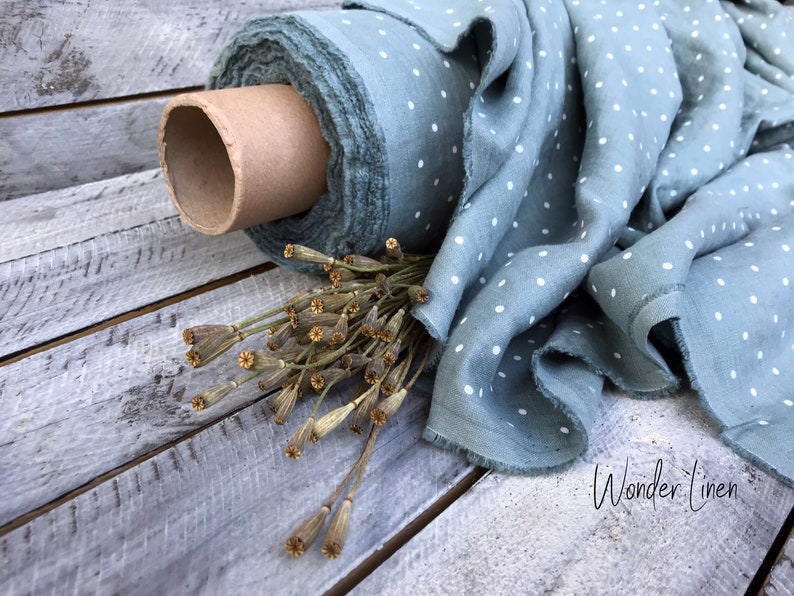 Mint white dots linen fabric by half yard or meter natural washed flax softened linen for sewing stonewashed medium weight soft