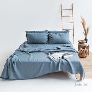 Linen sheet set. Washed soft linen twin, double, queen, king bedding. Dusty blue sheet set.