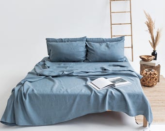 Juego de sábanas de lino. Ropa de cama de lino suave y lavado para camas individuales, matrimoniales, queen y king. Juego de sábanas azul polvoriento.