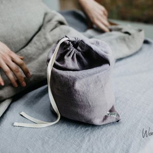 Linen storage bag. Washed soft linen laundry bag with drawstring. Natural stonewashed linen reusable toys bag . Linen bread keeper zdjęcie 5