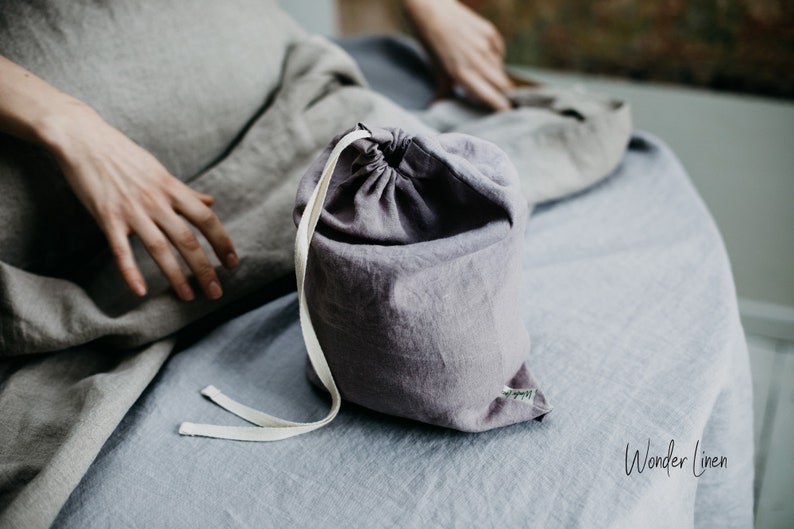 Linen storage bag. Washed soft linen laundry bag with drawstring. Natural stonewashed linen reusable toys bag . Linen bread keeper zdjęcie 5