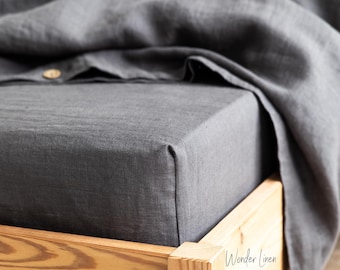 Linen fitted sheet. Gray washed soft linen king bedding. Stonewashed queen linen fitted sheet. Custom size fitted sheet in gray