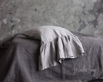 Linen pillowcase with ruffles. Washed soft ruffled linen king bedding. Natural stonewashed farmhouse queen linen pillow cover