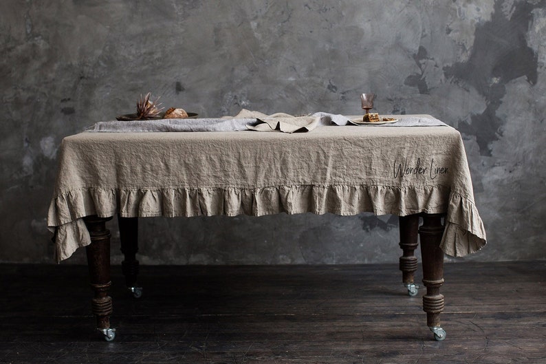 Linen ruffle tablecloth. Washed soft linen table cloth. Natural stonewashed linen custom size tablecloth with ruffles image 2