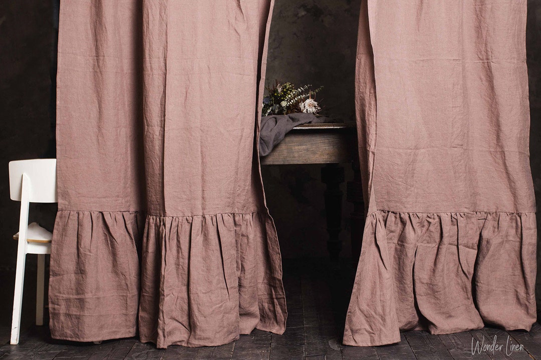Linen Ruffle Curtains 1 PANEL. Woodrose Washed Soft Flax Drapes With