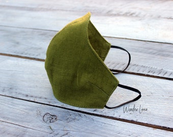 Linen face mask. Moss green fabric reusable mask. Stonewashed soft anti dust mask. Face protecting cover. Natural linen breathable mask