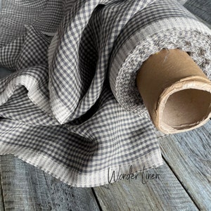 Kleiner Leinenstoff kariert / grauer Vichykaro gewaschener Flachs als Meterware 100% Leinen / naturfarbenes Karos weiches Leinen zum Nähen / stonewashed