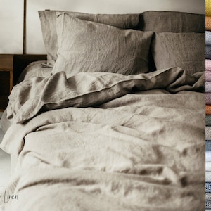 Linen bedding set. King or Queen size duvet cover with button closure and 2 envelope pillow cases in natural undyed color