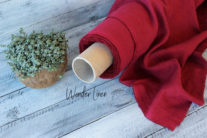 Red linen fabric / 100% soft washed flax by meter or yard / red softe…