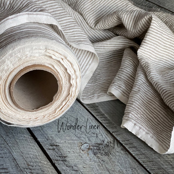 White stripes linen fabric by half yard or meter / natural washed softened linen for dress / soft stonewashed medium weight summer flax