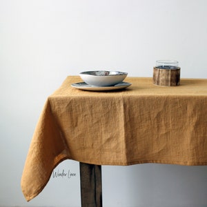 Linen tablecloth. Washed soft linen table cloth. Mustard stonewashed linen custom size tablecloth. Natural dining tablecloth