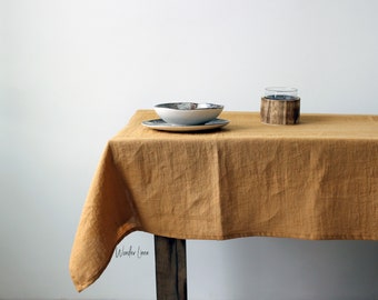 Linen tablecloth. Washed soft linen table cloth. Mustard stonewashed linen custom size tablecloth. Natural dinnig tablecloth