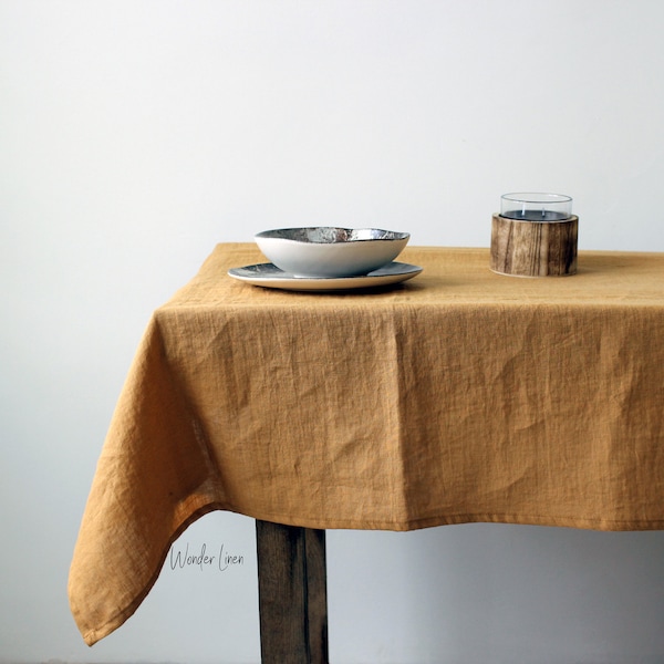 Linen tablecloth. Washed soft linen table cloth. Mustard stonewashed linen custom size tablecloth. Natural dinnig tablecloth