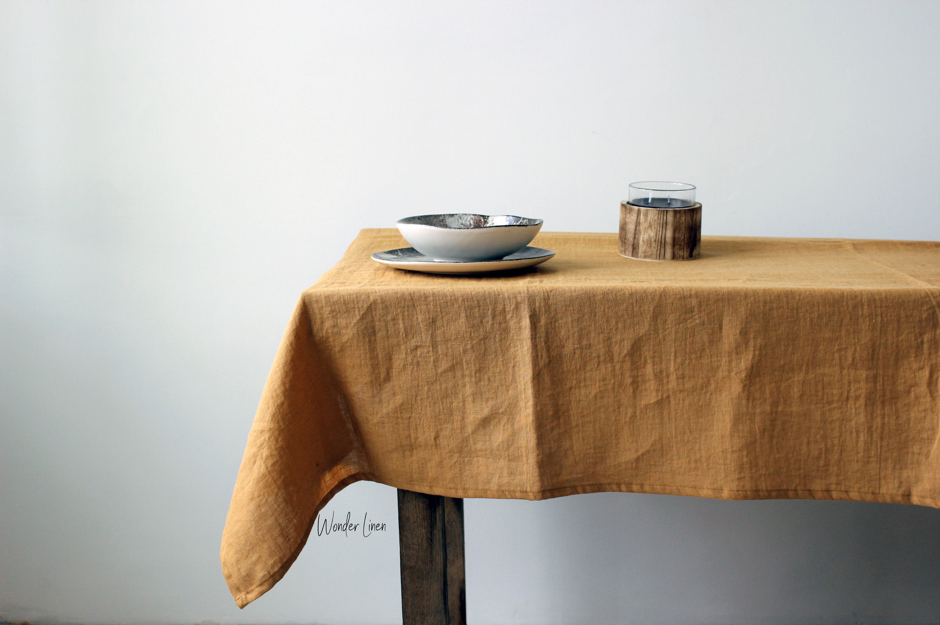 Linen tablecloth. Washed soft linen table cloth. Mustard stonewashed linen custom size tablecloth. Natural dining tablecloth