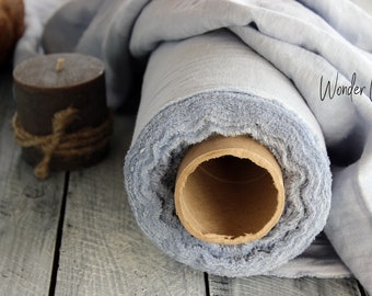 May include: A roll of light blue linen fabric with a brown cardboard core. The fabric is rolled up tightly and the core is visible in the center of the roll. The fabric is soft and has a natural texture. The text "Wonder Linen" is visible in the upper right corner of the image.