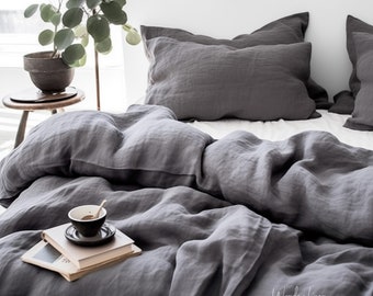 Gray Linen bedding set. King or Queen size duvet cover with button closure and 2 envelope pillow cases