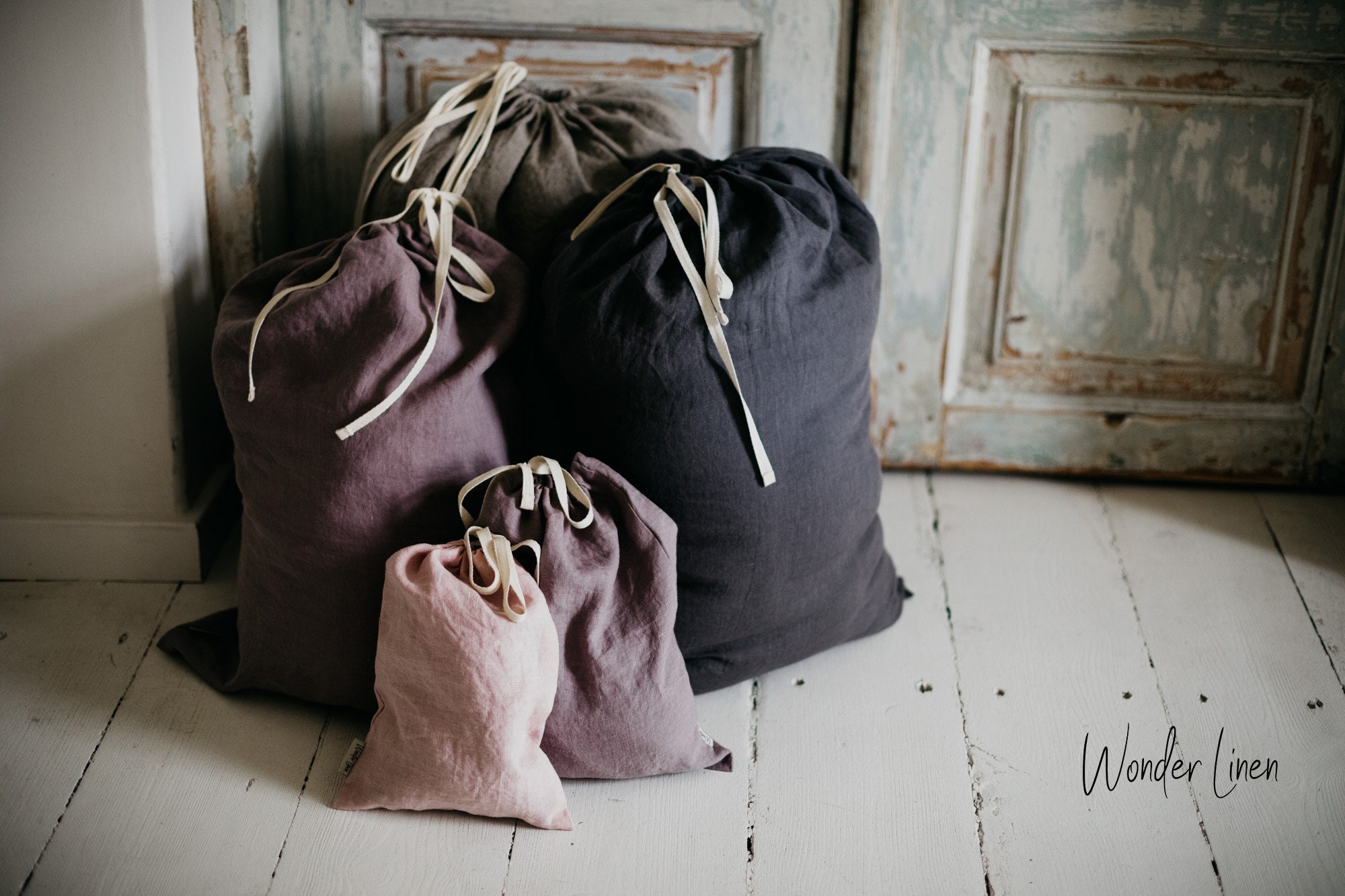 Linen Storage Bag. Washed Soft Linen Laundry Bag With Drawstring